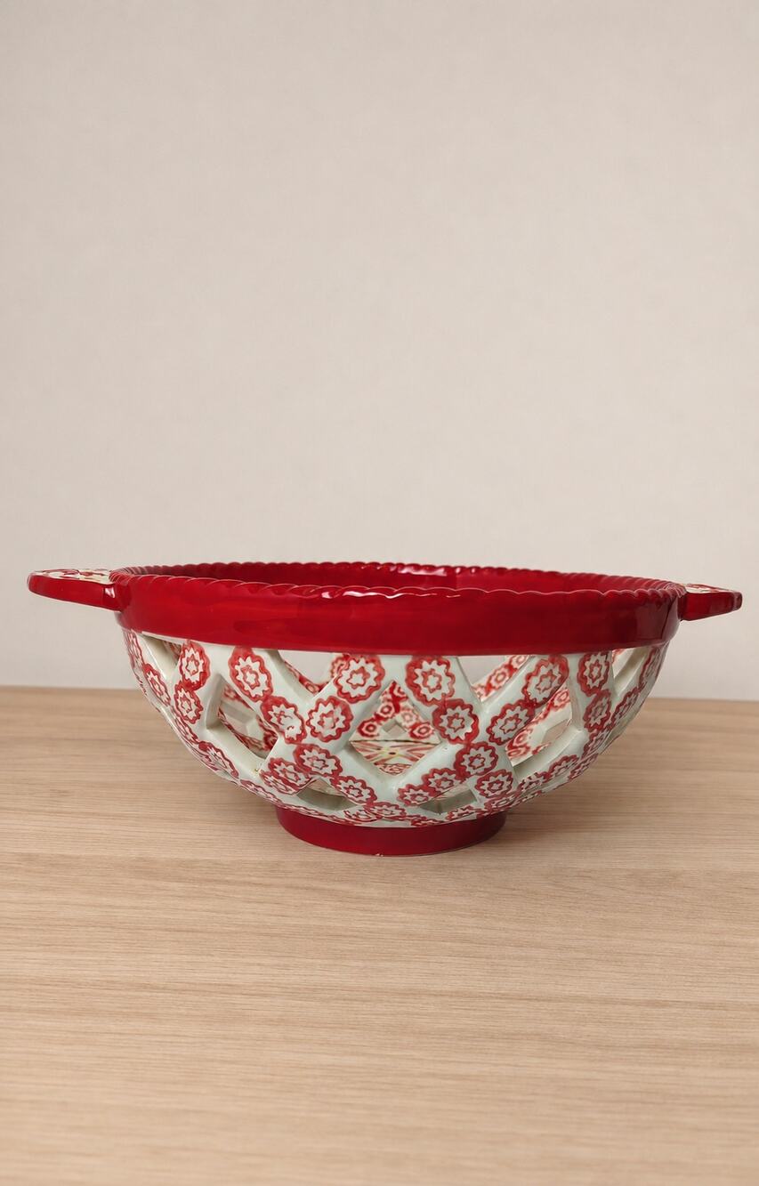 Temp-tations Old World Red 9" Round Pierced Lattice Bread Basket Fruit Bowl